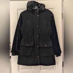 New Eden Society Womens Black sherpa Jacket Coat snap button Pockets Hooded sz S